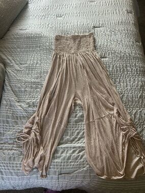 Beige Smocked Waist Wide Leg Jumpsuit - Women Pants & Jumpsuits